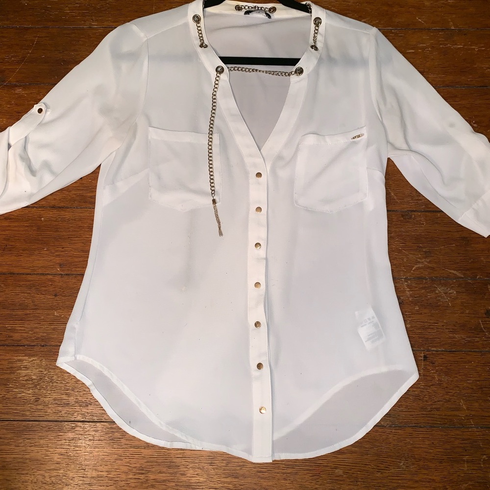 White Bebe button down snaps shirt extra small